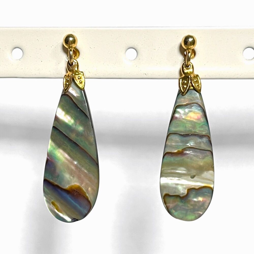 VTG Abalone Earring Gold Tone Dangle Teardrop Mother of Pearl Shell Beach Cruise